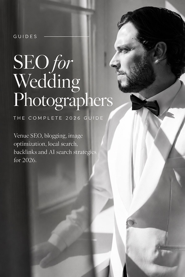 SEO for wedding photographers article cover with a black and white portrait and editorial text layout
