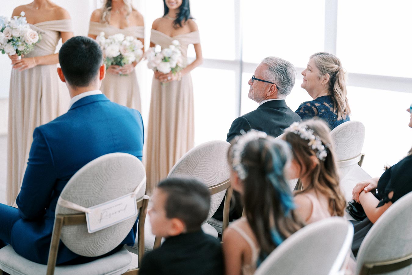 Guests seated at a wedding ceremony, with bridesmaids holding bouquets in the background. The seating shows an elegant setup with attendees dressed in formal attire.