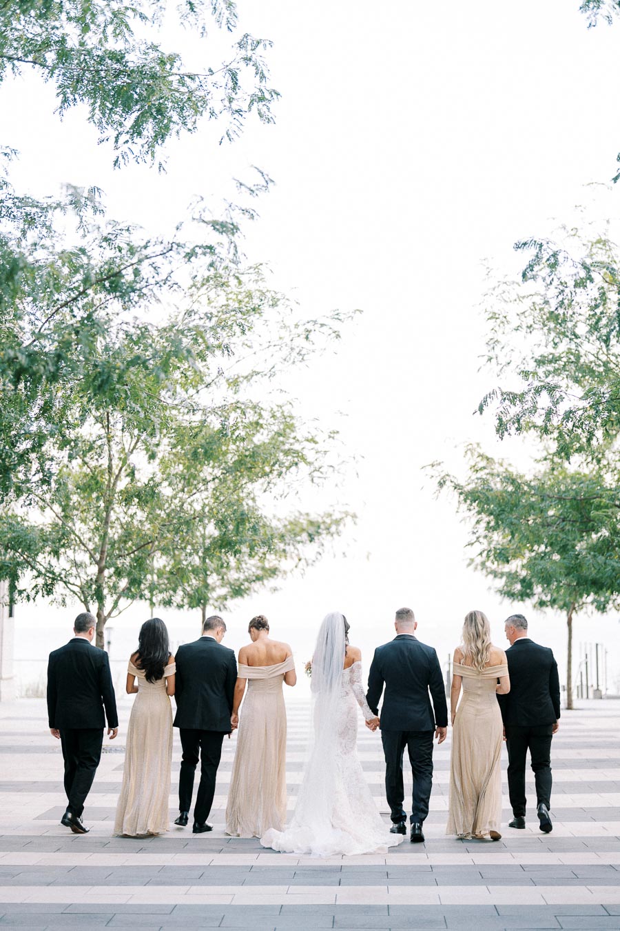 Wedding party walking away on a tree-lined path, featuring the bride in a white gown and veil, accompanied by bridesmaids in elegant dresses and groomsmen in black suits, captured in a serene outdoor setting.