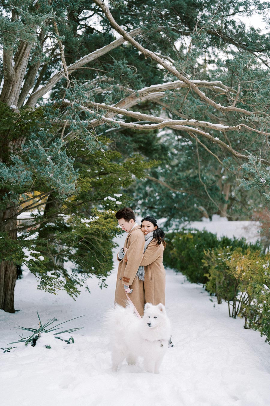 A couple wearing matching brown coats and scarves embraces in a snowy forest, with a fluffy white dog standing in front on a snow-covered path.