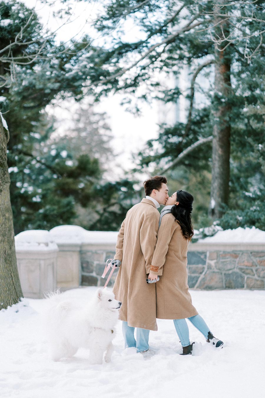 A couple in matching beige coats shares a kiss in a snowy park, holding hands and walking a fluffy white dog on a leash.