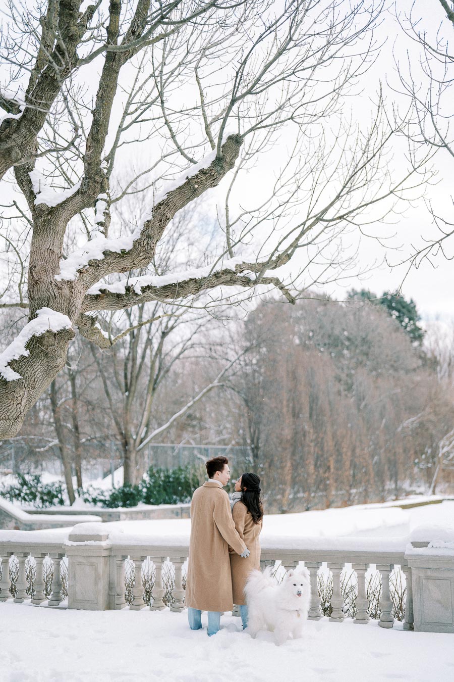 A couple in matching beige coats stands on a snow-covered balcony with a fluffy white dog, set against a backdrop of a winter landscape with bare trees and a tranquil sky.