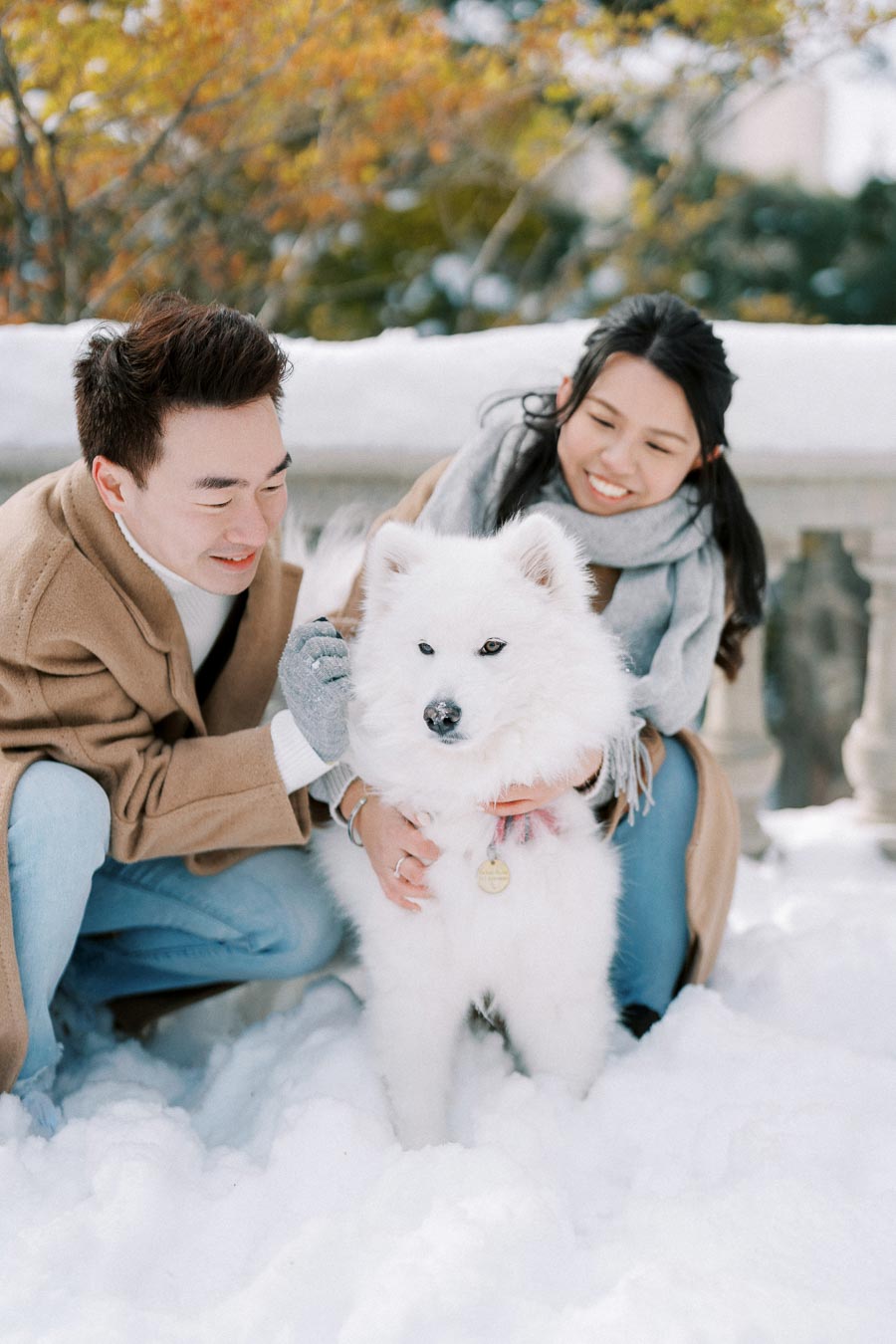 A couple in winter clothing playing with a fluffy white Samoyed dog in the snow, surrounded by colorful autumn foliage in the background.