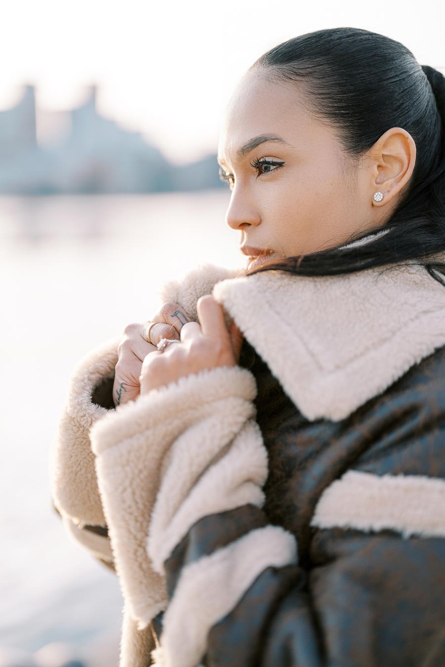 Romantic winter engagement close-up by Toronto waterfront