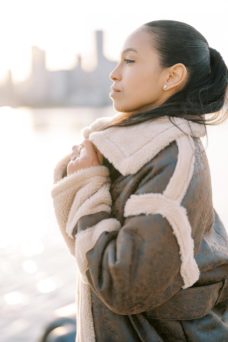 Close-up engagement portrait during golden hour in Toronto