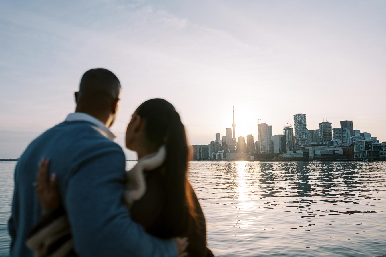 Sunset Engagement View of Toronto Skyline from Polson Pier