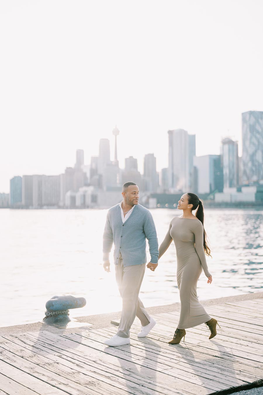 Romantic Stroll During Toronto Engagement Session at Polson Pier
