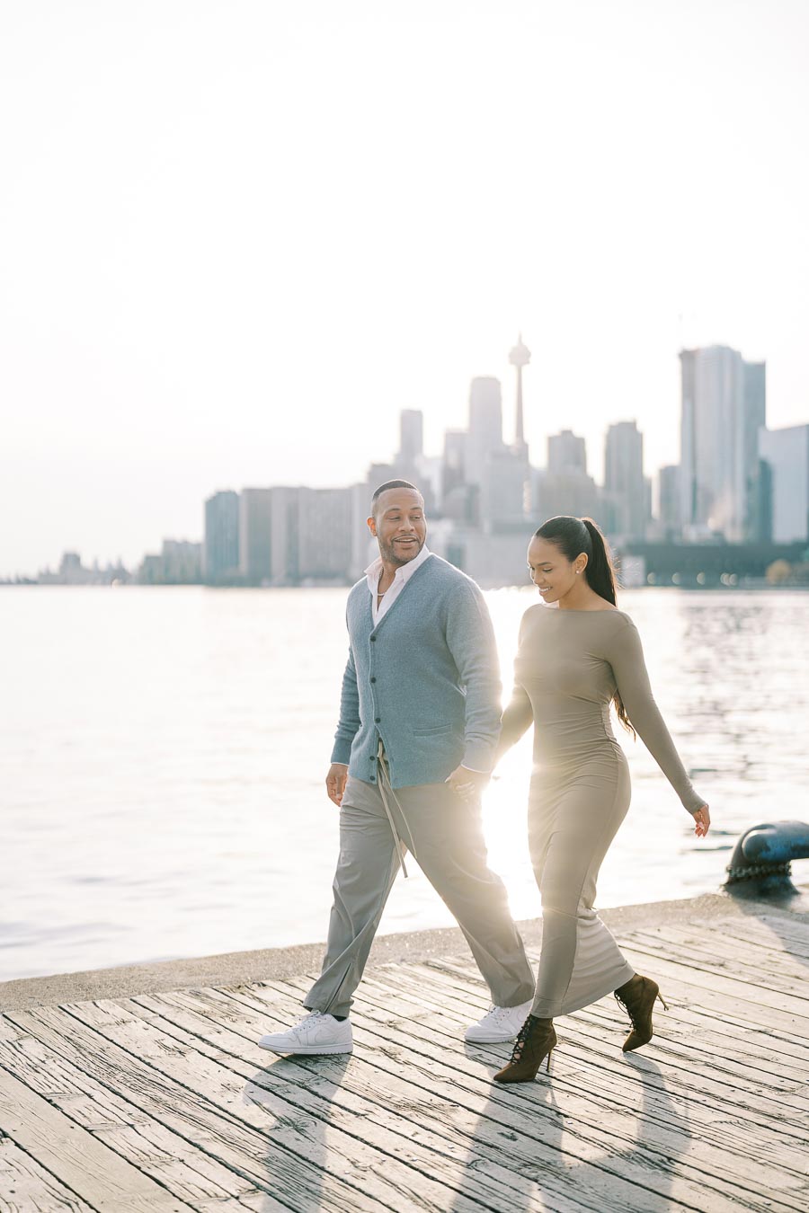 Sunset Walk During Toronto Engagement Photoshoot on Polson Pier