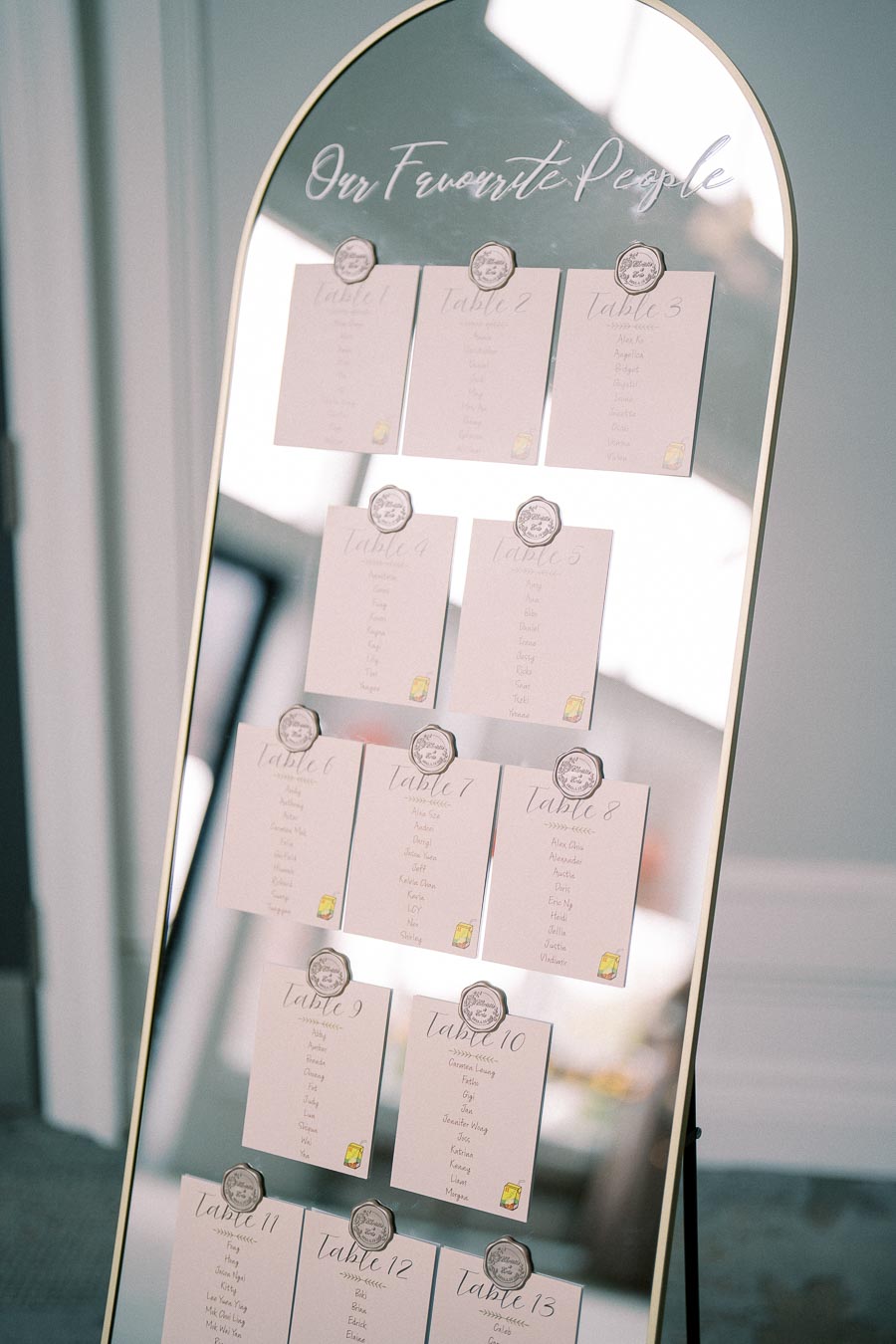 Elegant wedding seating chart displayed on a mirrored board with the title Our Favorite People, featuring table assignments in a stylish script font for a formal event setting.