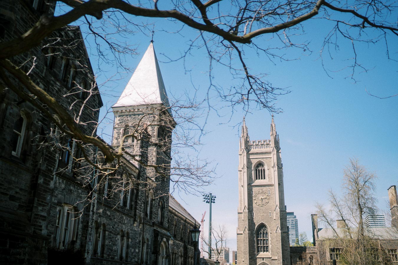 Historic buildings at the University of Toronto featuring a tower and spire against a clear blue sky.