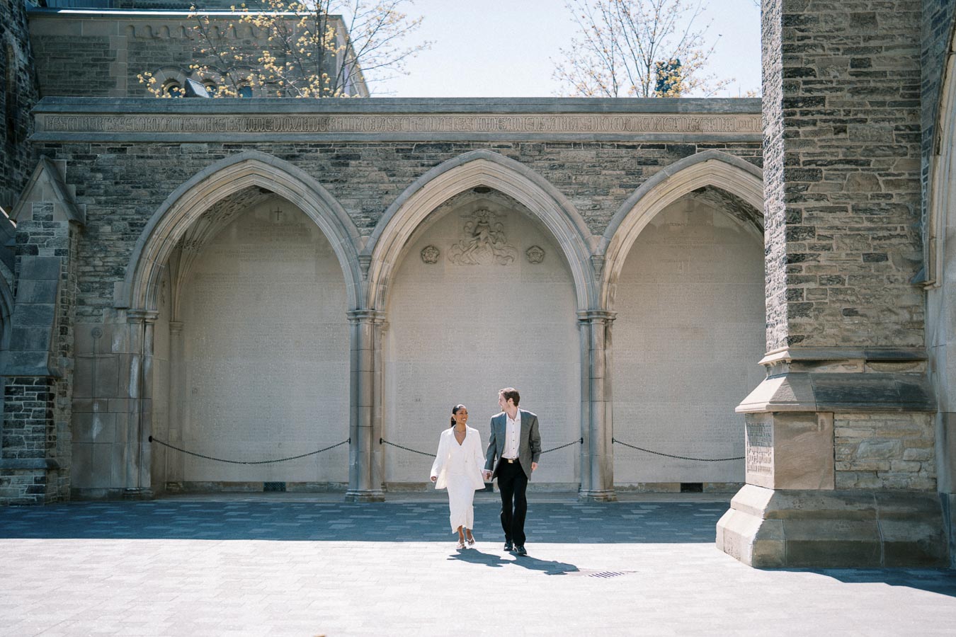 Cecilia and Julian during their engagement session at the University of Toronto, 2025