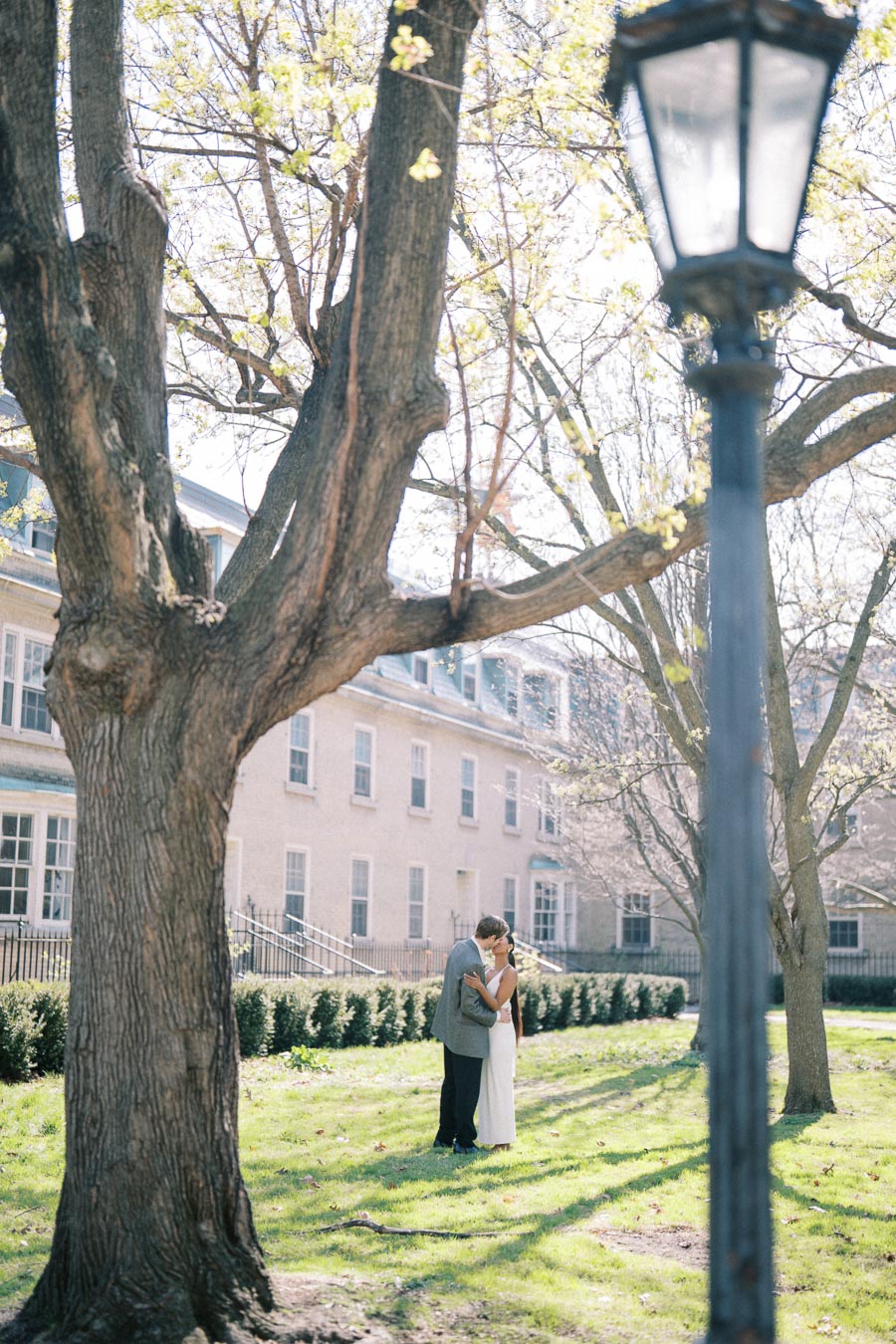 Engaged couple sharing a kiss under spring trees in a romantic Toronto courtyard
