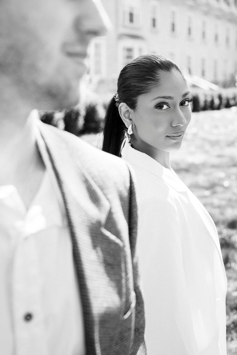 Black and white close-up of bride-to-be looking at camera during engagement shoot in Toronto