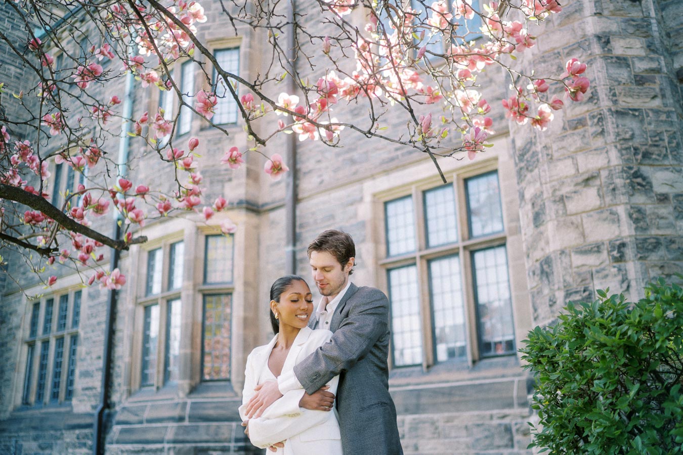 Engaged couple under blooming magnolia tree in front of historic stone building at University of Toronto