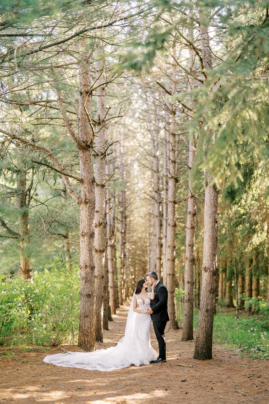 A bride and groom embracing in an enchanting forest aisle with tall pine trees, surrounded by lush greenery; a serene and romantic wedding scene.