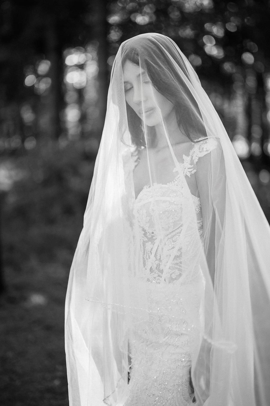 Black and white photograph of a bride in an elegant lace wedding dress, covered by a sheer veil, standing outdoors with a softly blurred forest background, conveying a serene and timeless bridal moment.