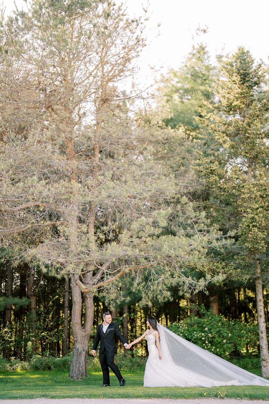 A bride and groom holding hands and walking outdoors under tall trees in a forest setting. The bride wears a flowing white gown with a long veil, while the groom is dressed in a classic black suit. Lush greenery and sunlight create a romantic atmosphere.