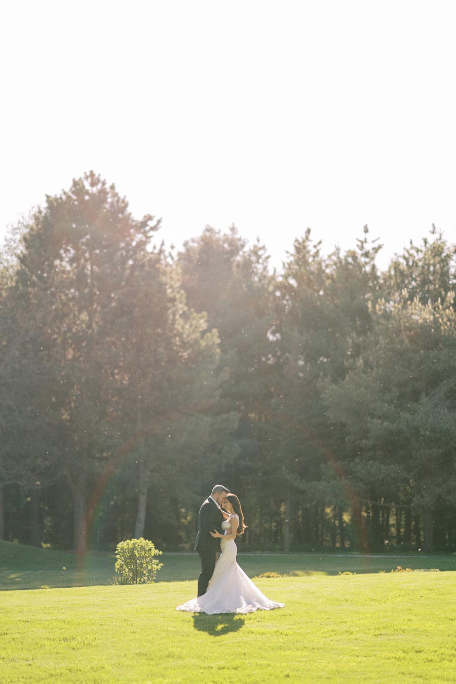 A bride and groom embrace on a sunlit lawn with a backdrop of lush green trees, creating a romantic wedding scene.