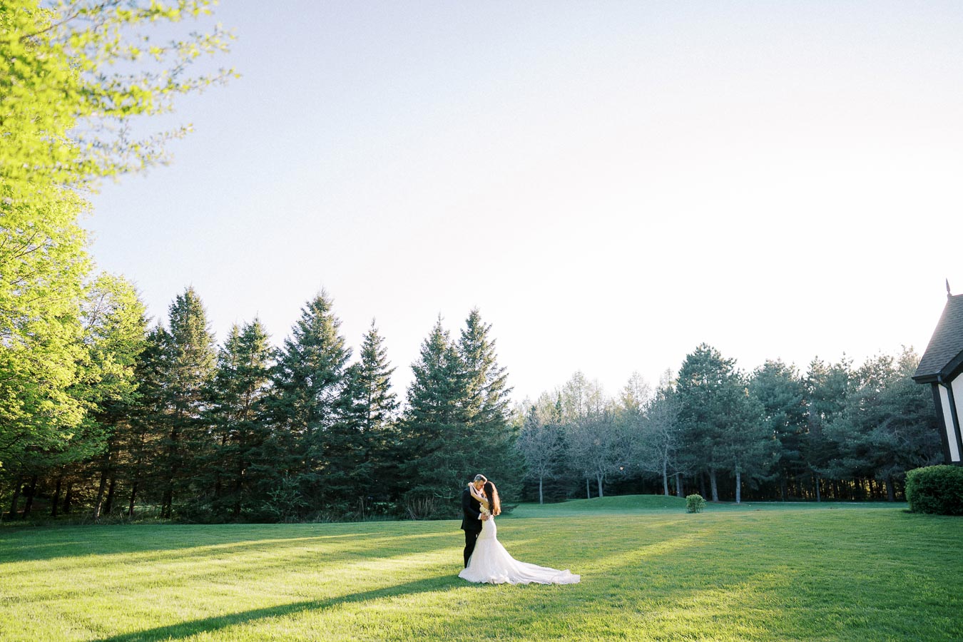 A bride and groom embracing on a sunlit grassy field, surrounded by lush green trees under a clear blue sky.