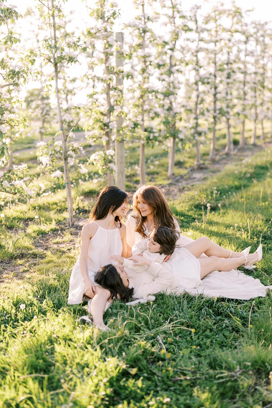 A family enjoying a sunny, peaceful moment in a blooming orchard, with green grass and blossoming trees surrounding them.