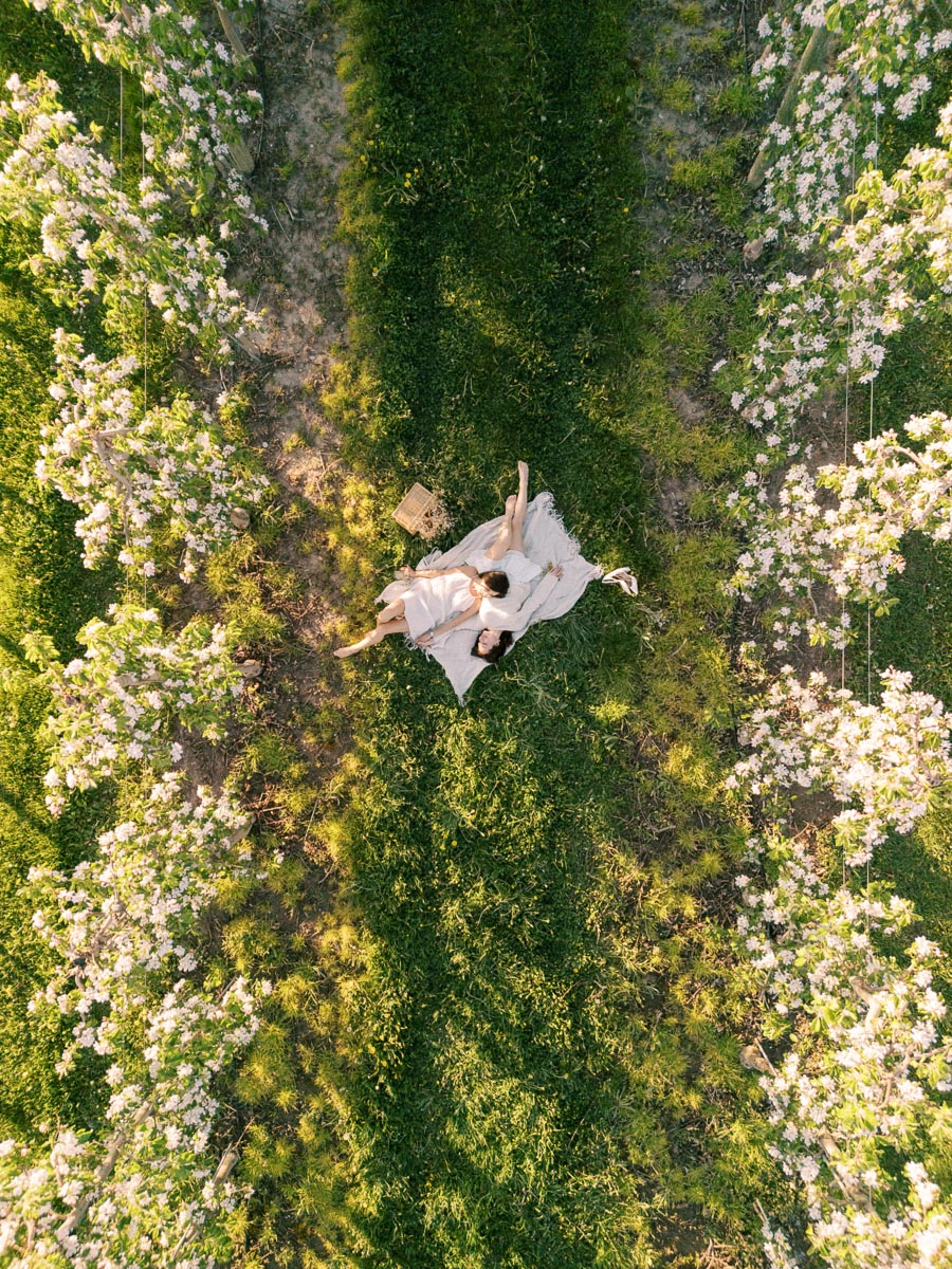Aerial view of a couple lying on a blanket in a lush green orchard surrounded by blooming trees.