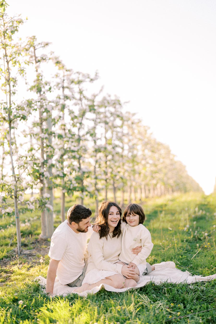 A happy family sitting together on a blanket in a sunlit orchard, surrounded by rows of blossoming trees and vibrant green grass.