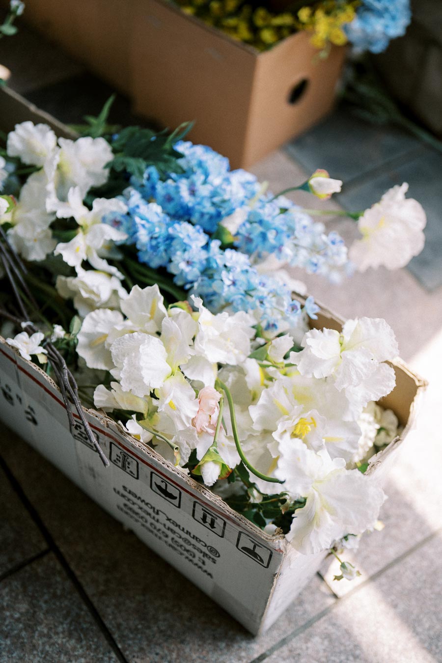 Box of colorful fresh flowers including white and blue blooms, placed on a tiled floor, ideal for weddings and floral arrangements.
