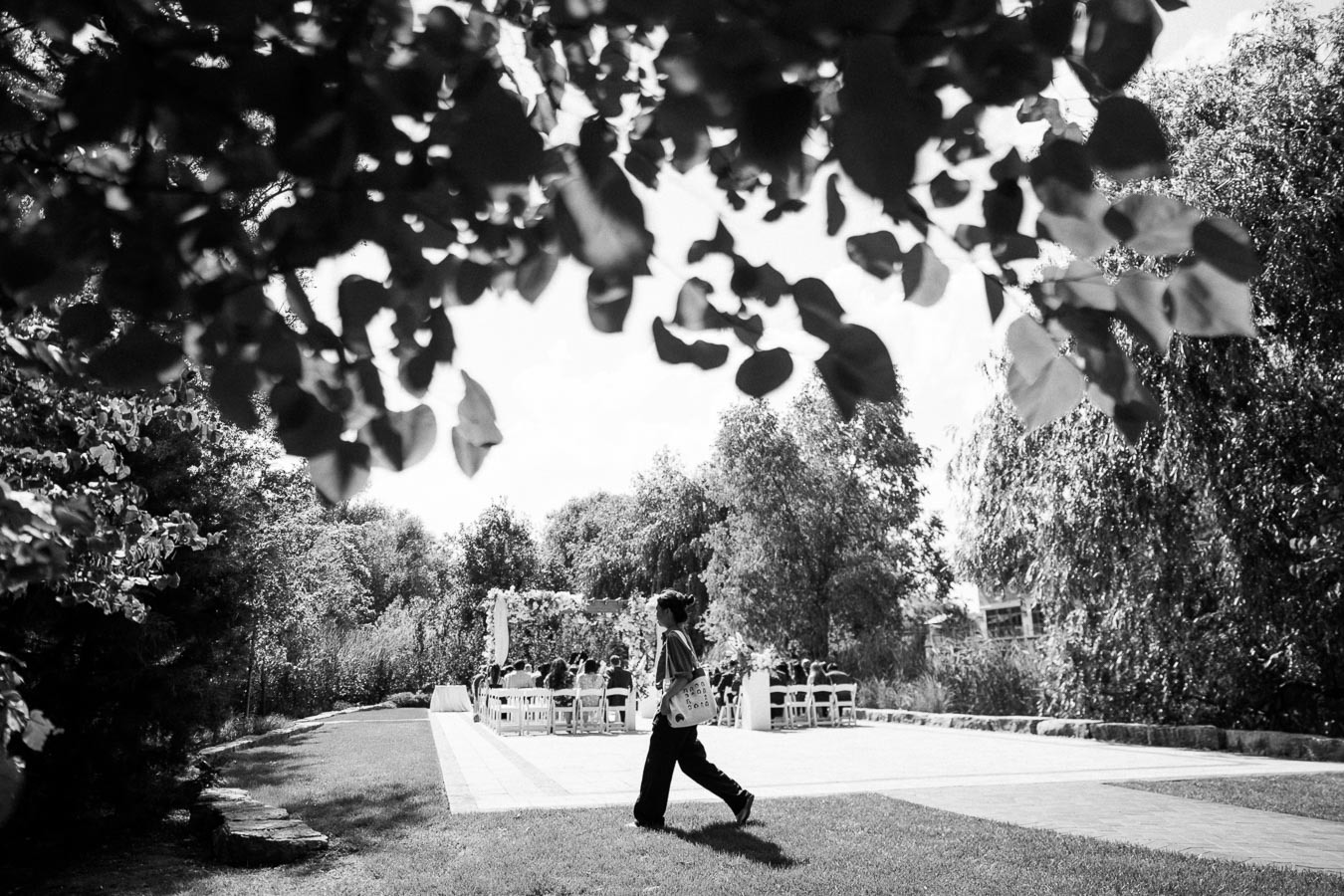Black and white image of a serene outdoor wedding setup beneath lush trees, with a person walking in the foreground and blurred foliage creating a picturesque frame.