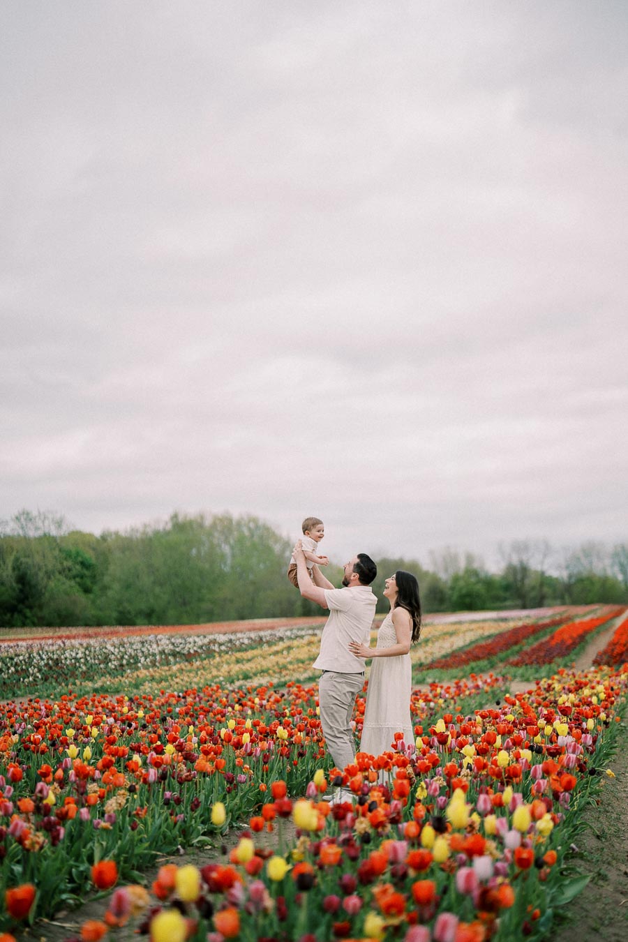 A family enjoys a day out in a vibrant tulip field, with the father playfully lifting their child as the mother looks on happily.