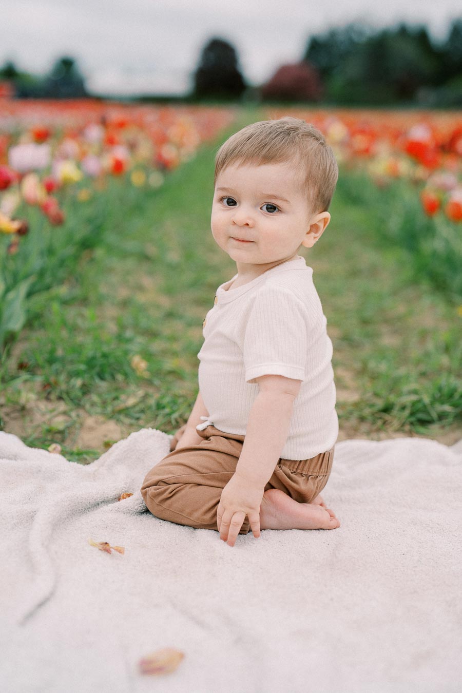 A baby sits on a blanket in a vibrant tulip field, surrounded by colorful flowers.