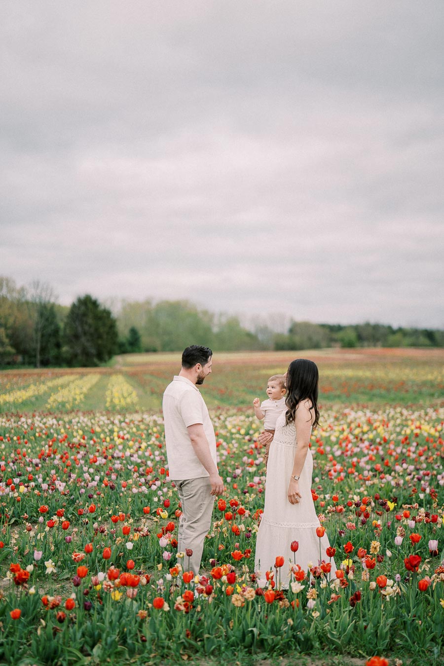 A family enjoys a day out in a vibrant tulip field, surrounded by colorful flowers under a cloudy sky.
