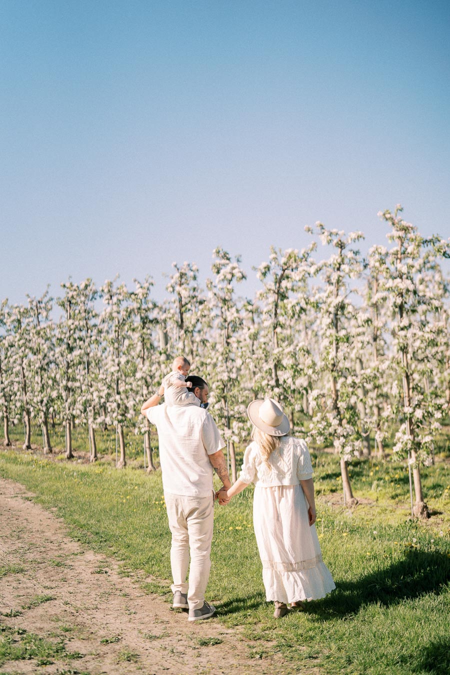 A family strolls through a blooming orchard on a sunny day, enjoying the serene surroundings.