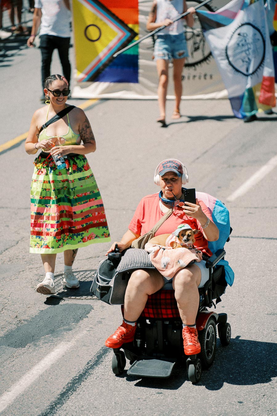 A parade participant in a wheelchair, holding a small dog, with a pride flag in the background.