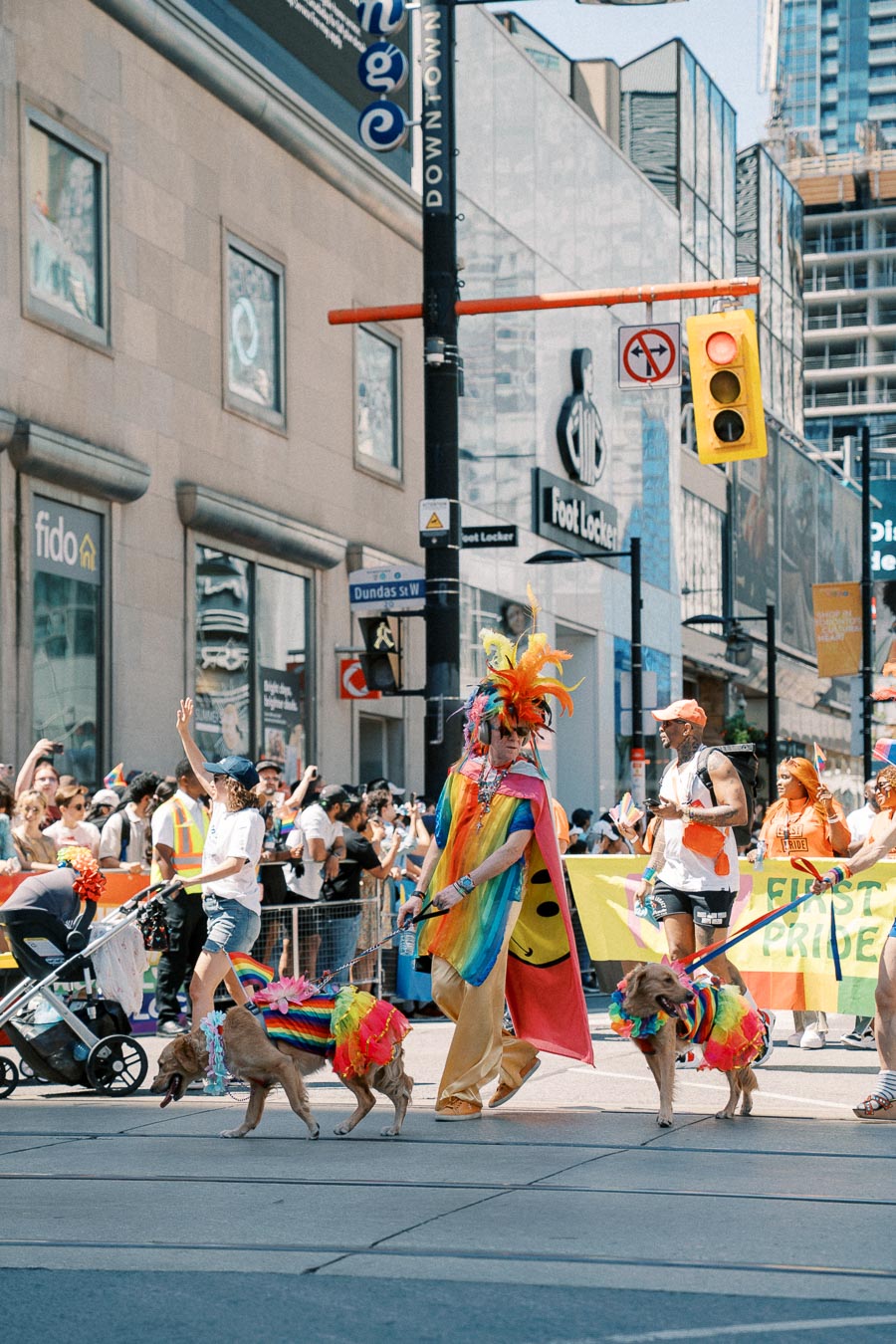 Participants in colorful costumes and dogs in rainbow outfits parade through a city street during a pride event, with spectators lining the sidewalks.
