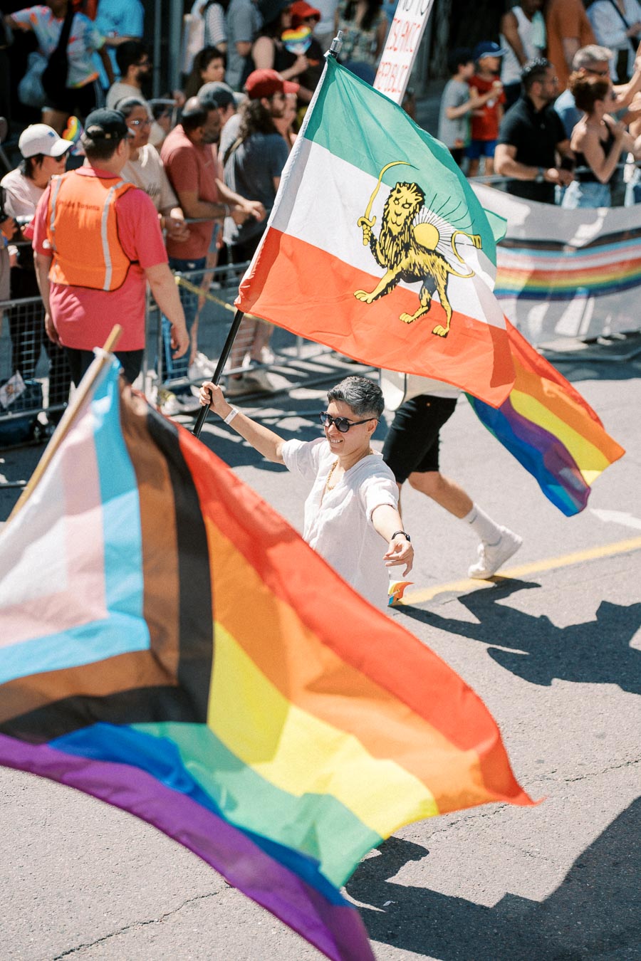 A participant in a parade holds a flag featuring a lion and sun emblem, symbolizing cultural pride, while surrounded by a diverse crowd. A rainbow flag is prominently displayed in the foreground, representing LGBTQ+ pride.