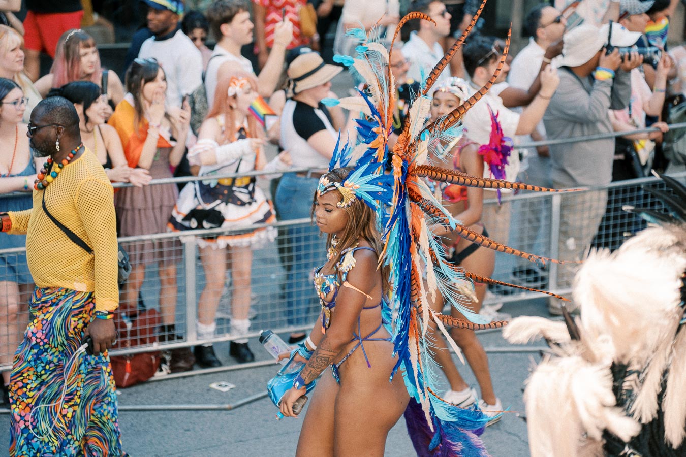 Participants in colorful, feathered costumes parade through a street, surrounded by an enthusiastic crowd during a festival.