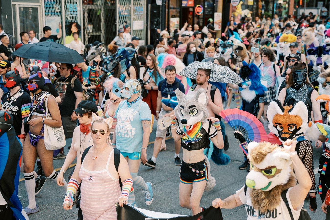 Participants in colorful costumes and animal masks march in a lively parade, showcasing diversity and creativity.