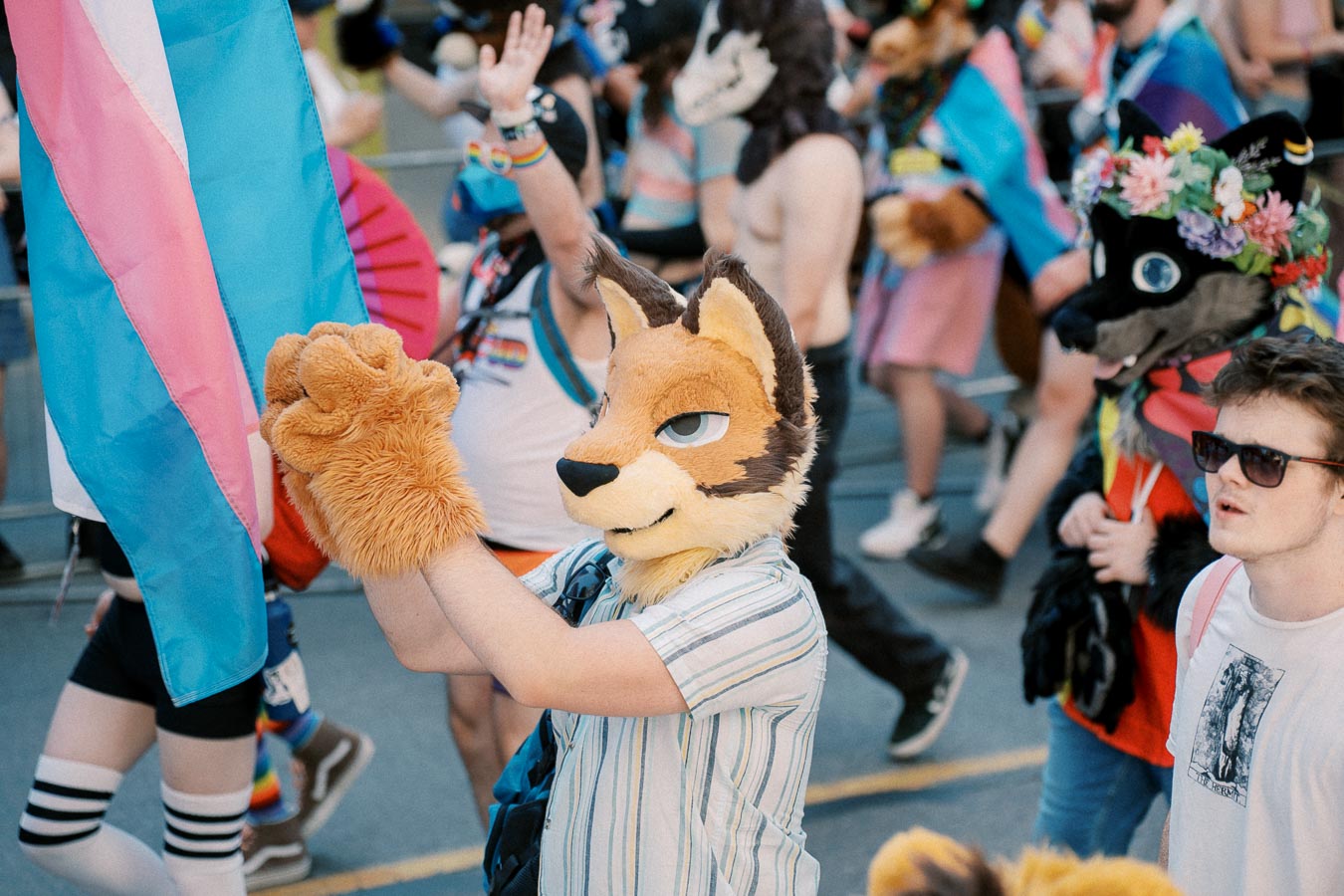 Participants in a parade, some dressed in animal costumes, hold a transgender pride flag.