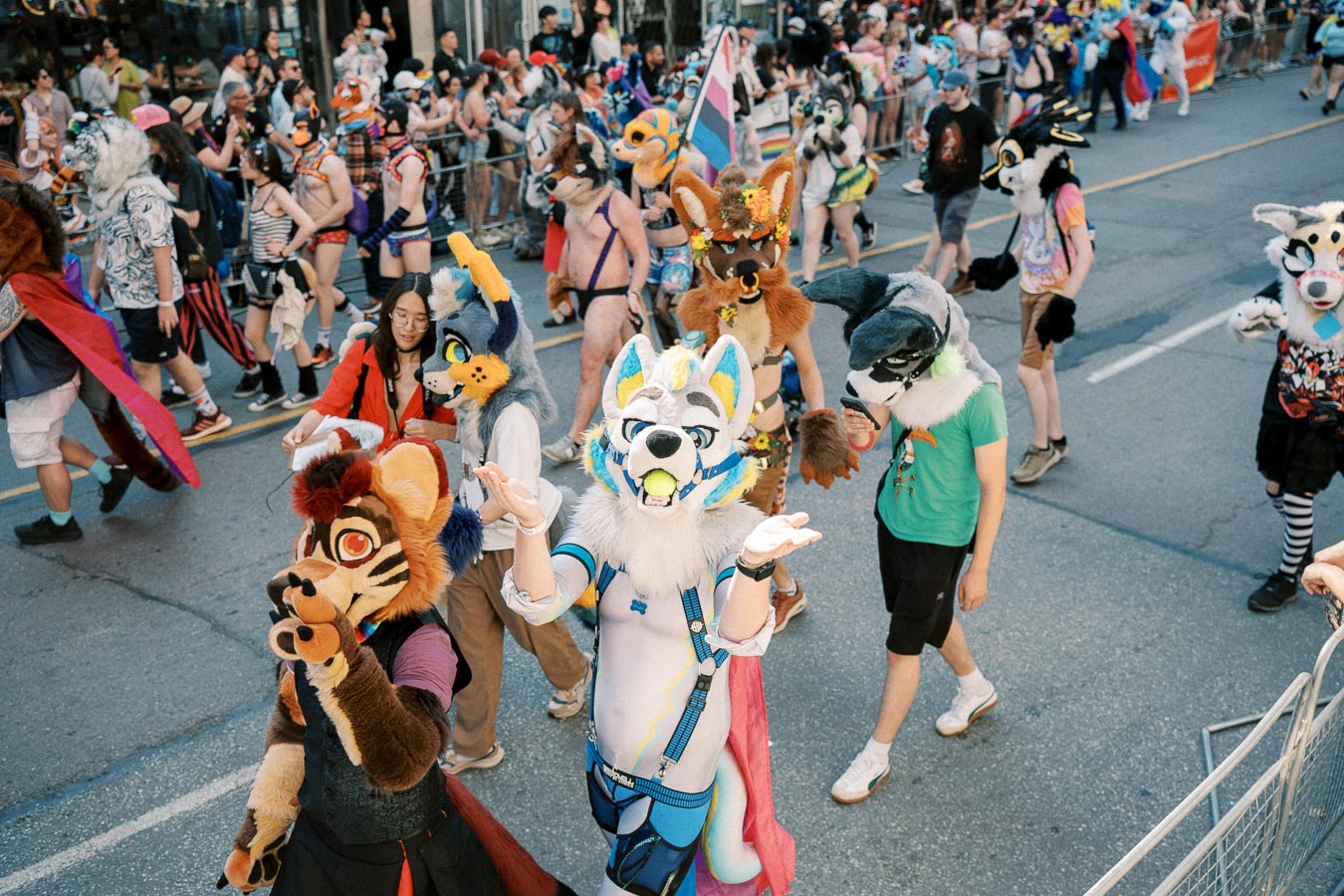 Participants in vibrant animal costumes march in a lively parade, showcasing creativity and community spirit.