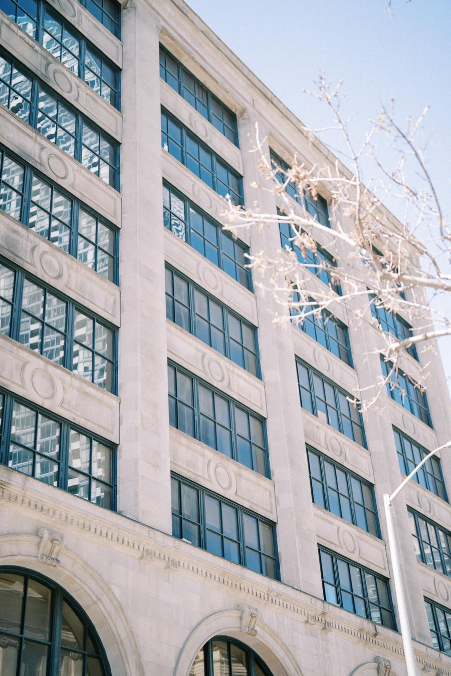 Modern urban building exterior with large windows reflecting a clear blue sky, intersected by bare branches from a nearby tree.