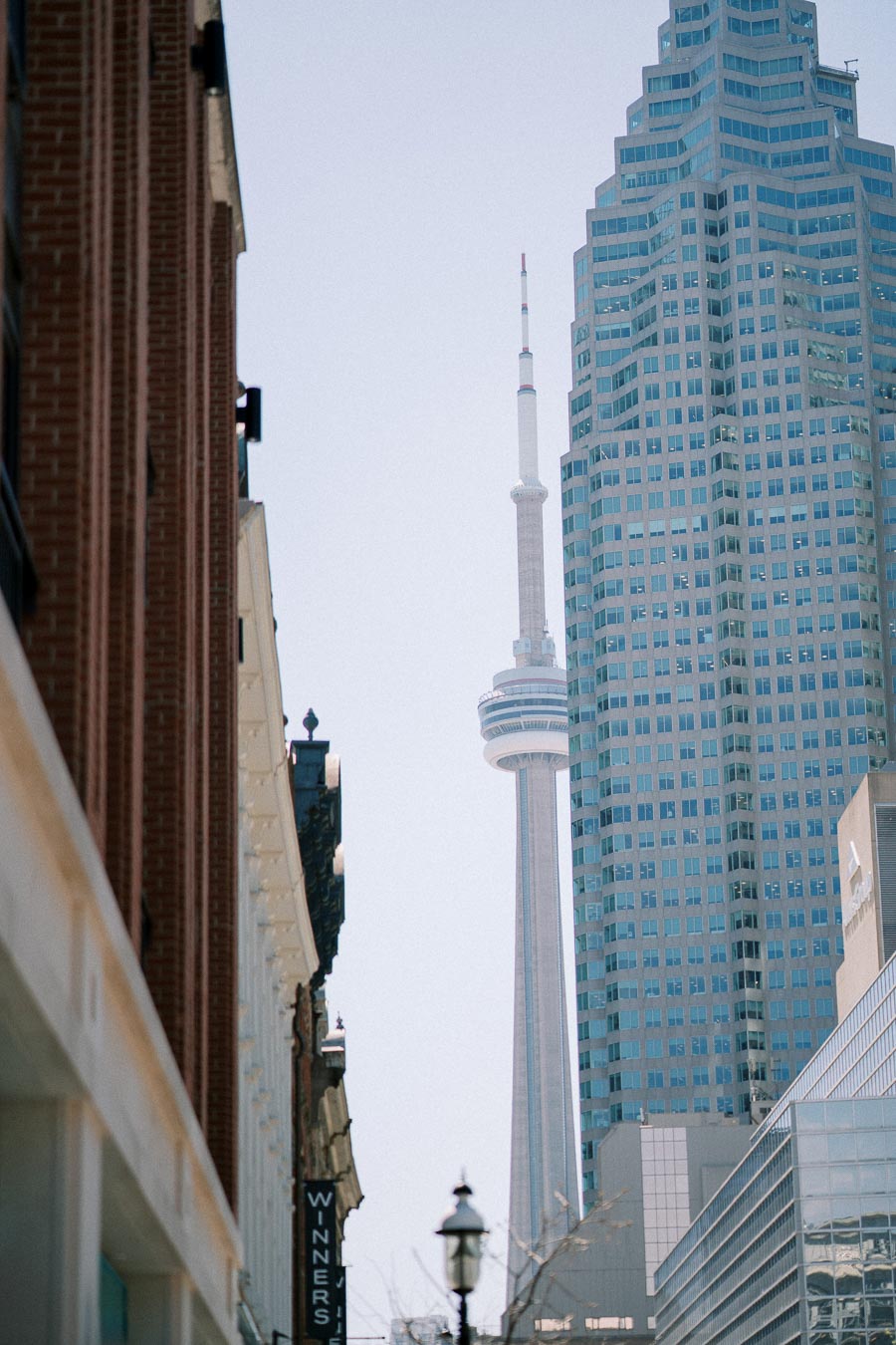 Skyscrapers in Toronto with the CN Tower in the background on a clear day.