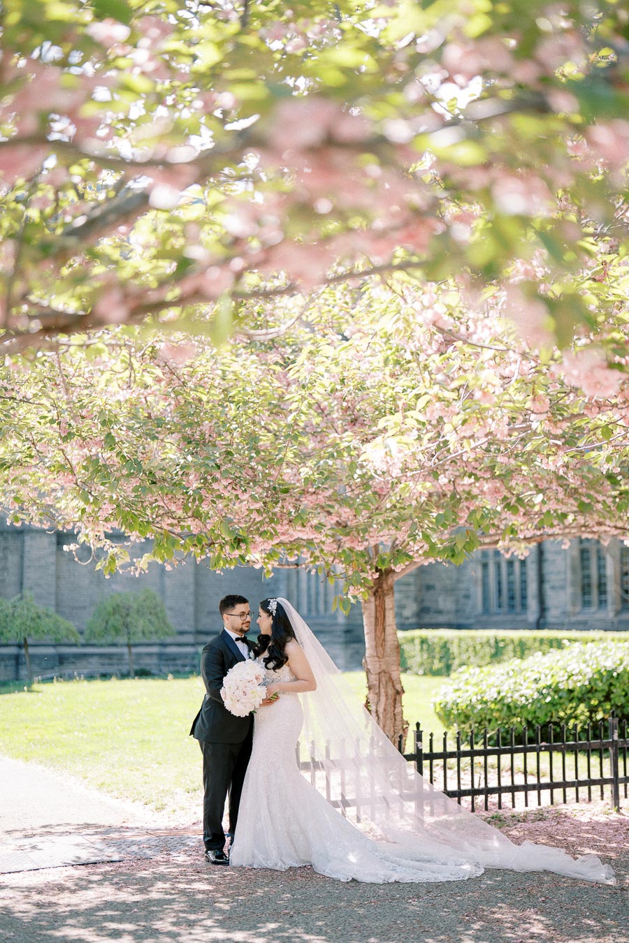 Bride and groom standing under blooming cherry blossom trees, sharing an intimate moment on their wedding day, with sunlight filtering through the branches.