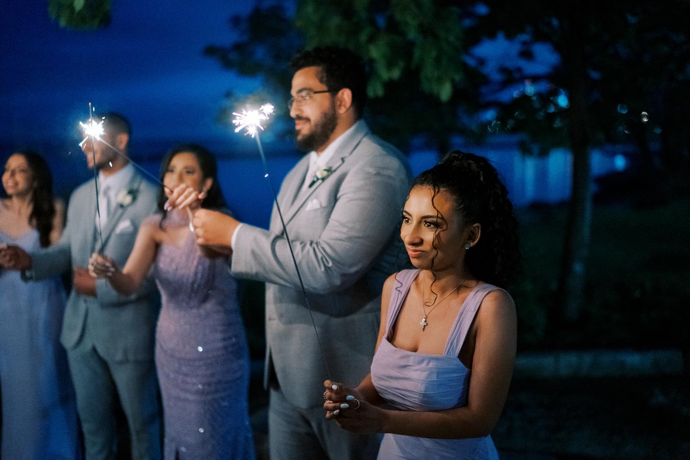 A group of elegantly dressed people celebrating outdoors at night, holding sparklers with trees and evening sky in the background.