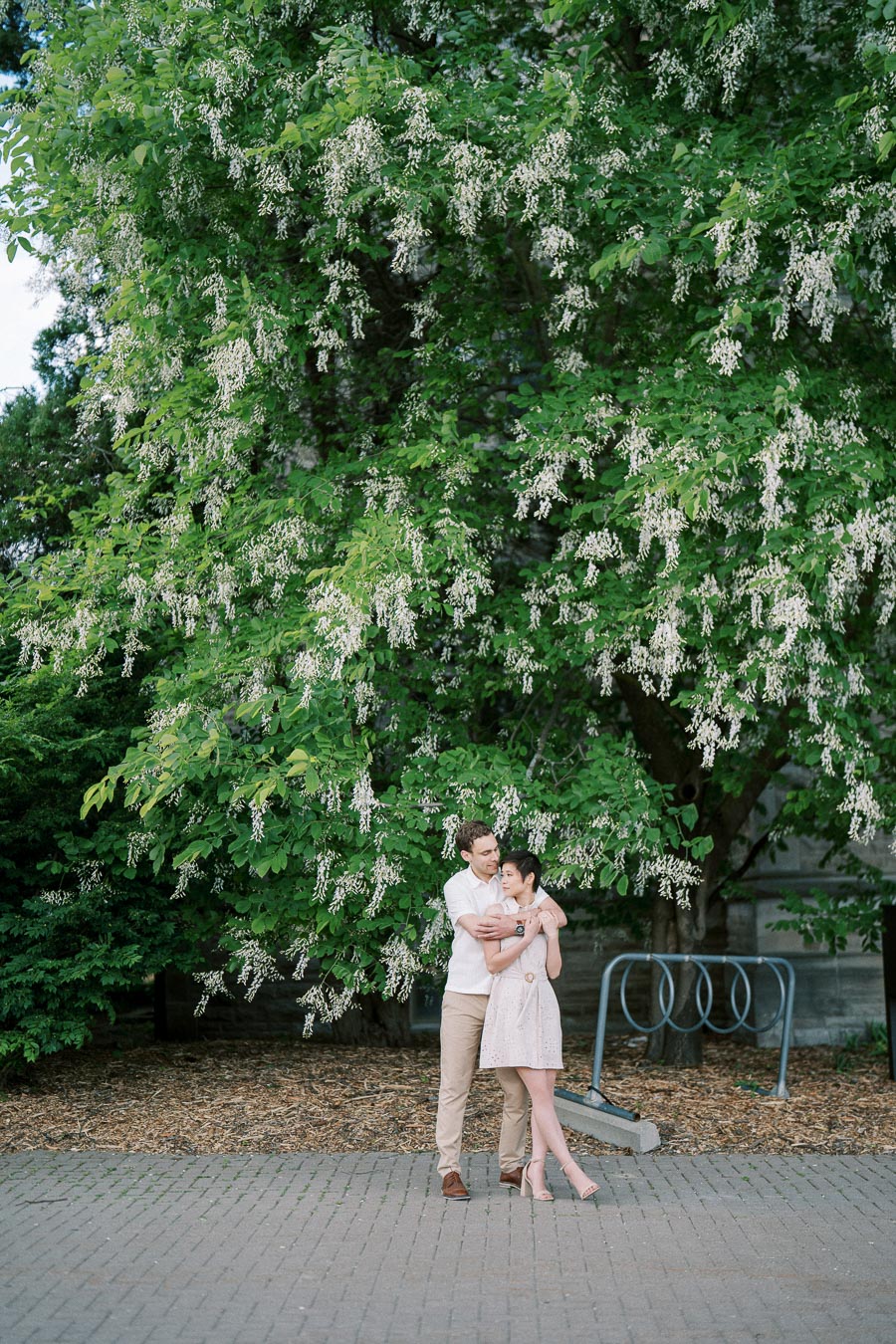 Couple embracing under a flowering tree in a romantic outdoor setting.