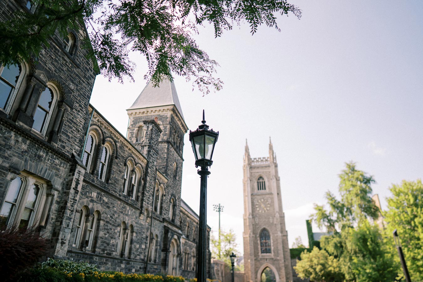 Historic stone university buildings and a lamp post surrounded by leafy trees under a clear blue sky.