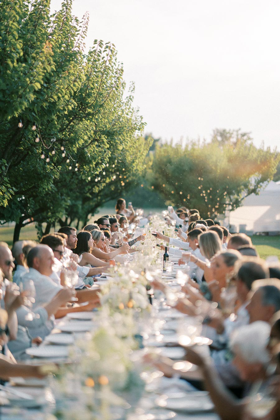 Outdoor celebratory event with a long table set in a lush garden, people dressed in white raising glasses for a toast under string lights, creating a festive and elegant atmosphere.