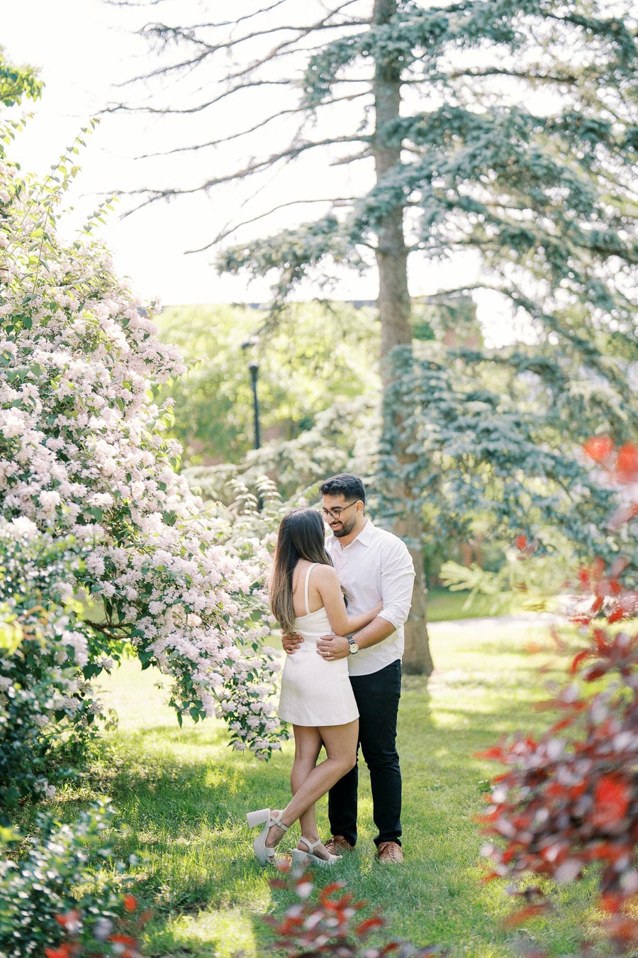 A couple embraces in a sunlit garden surrounded by blooming flowers and lush greenery.