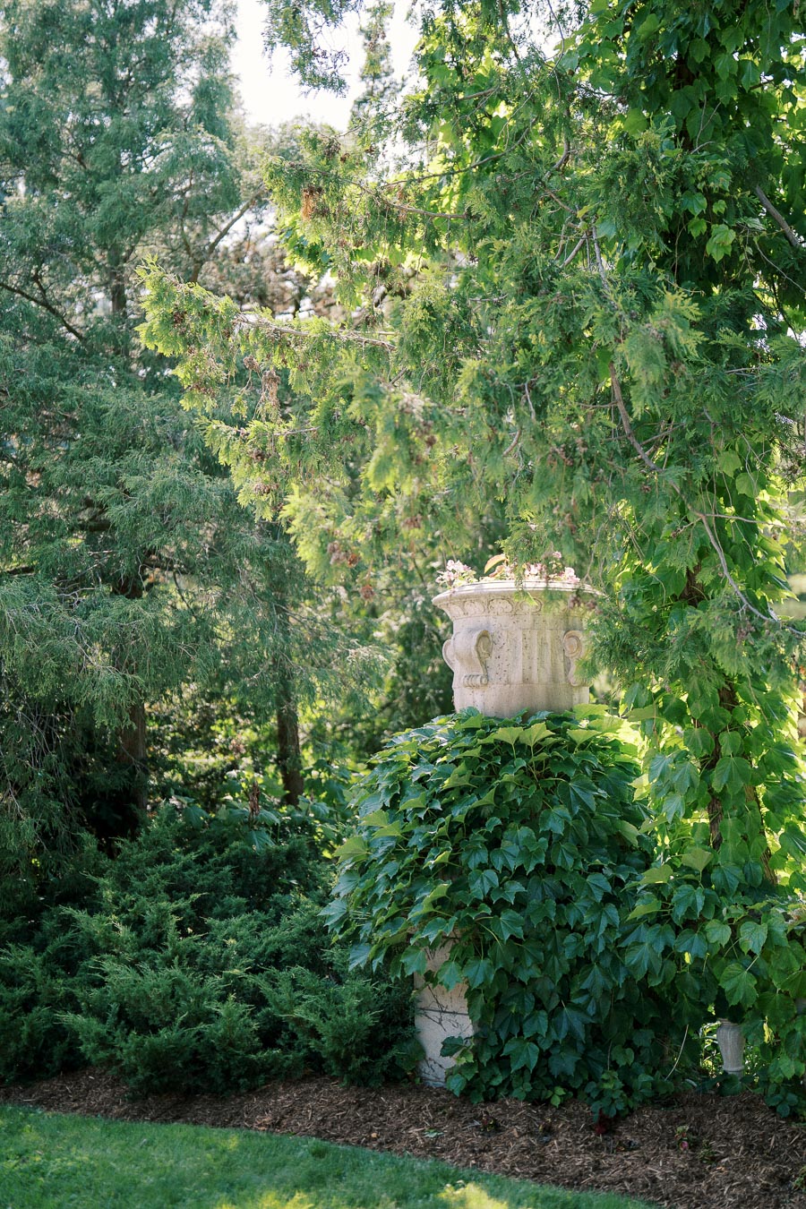 Lush green garden with an ornate stone pedestal partially covered by climbing ivy and surrounded by tall trees.