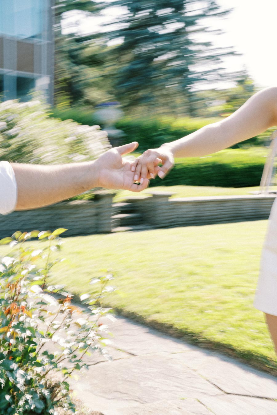 Out-of-focus image of a couple holding hands outdoors, surrounded by greenery and sunlight.