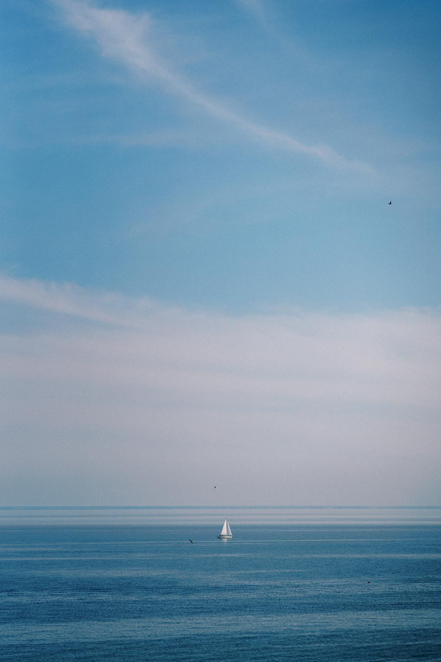 Image of a small sailboat on a calm blue ocean under a clear sky, capturing the serene beauty of open waters and sailing.